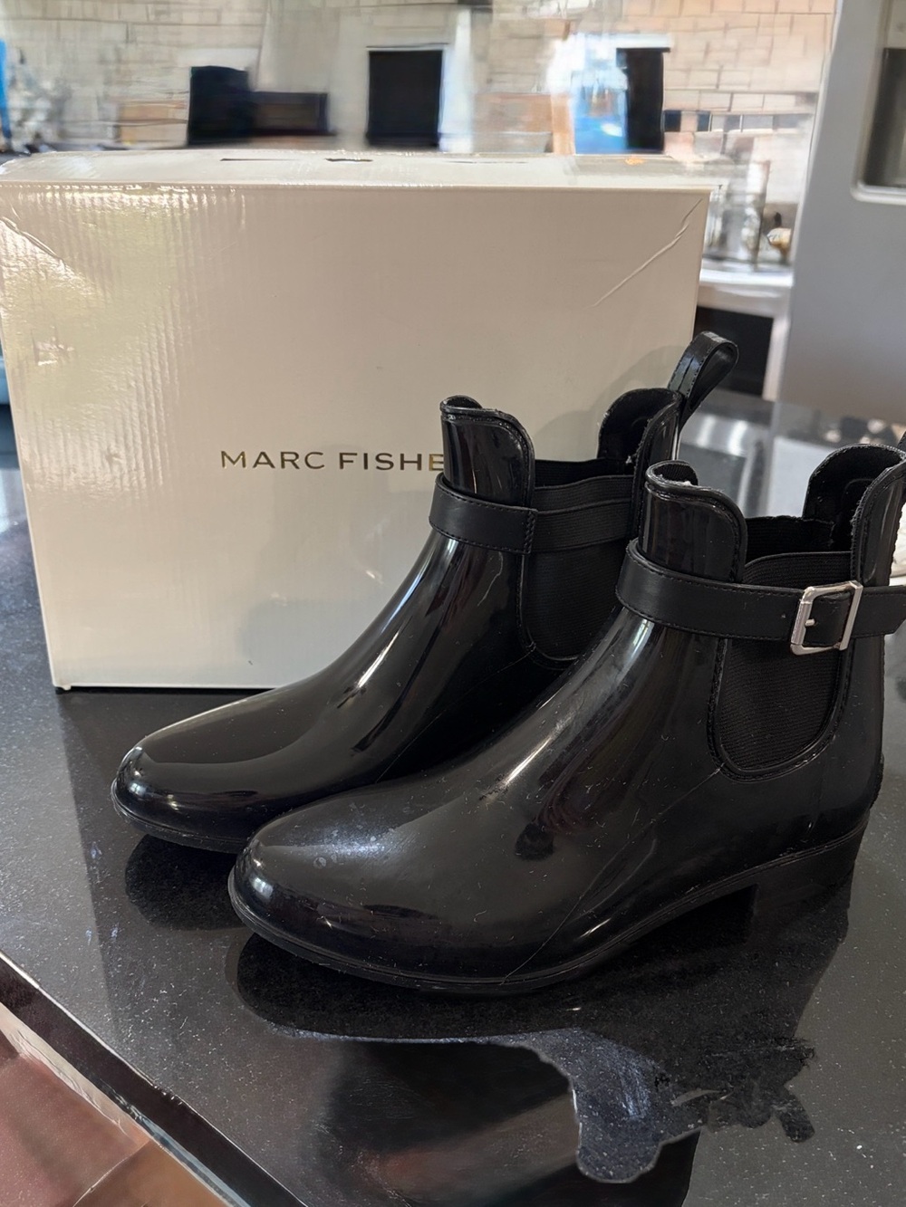 Marc Fisher Black Patent Buckle Chelsea Rain Booties